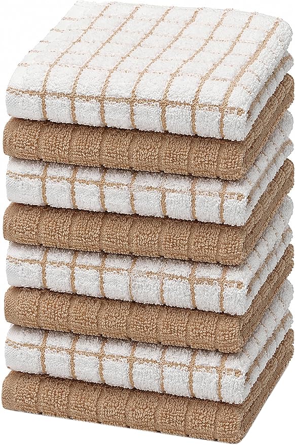 Bumble Dish Cloths (8-Pack), 100% Cotton Kitchen Towels, 12"x12" - Tan | 405 GSM | Soft, Highly Absorbent & Durable Dish Towels for Kitchen