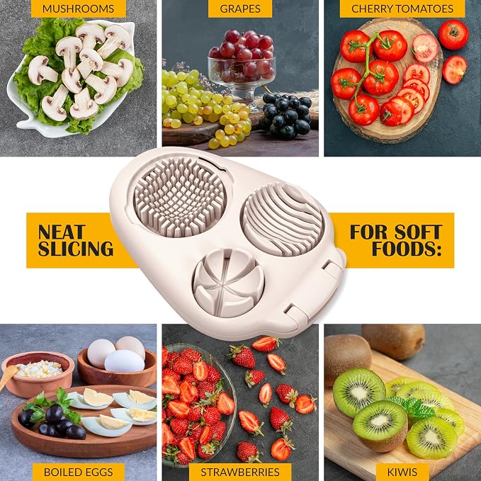 CraftyCrocodile Egg Slicer for Hard Boiled Eggs - 3 Slice Modes Egg Cutter, Heavy Duty, Stainless Steel Dicer - Kitchen Chopper Tool for Strawberry, Mushroom, Grape, Cherry Tomato - Light Beige