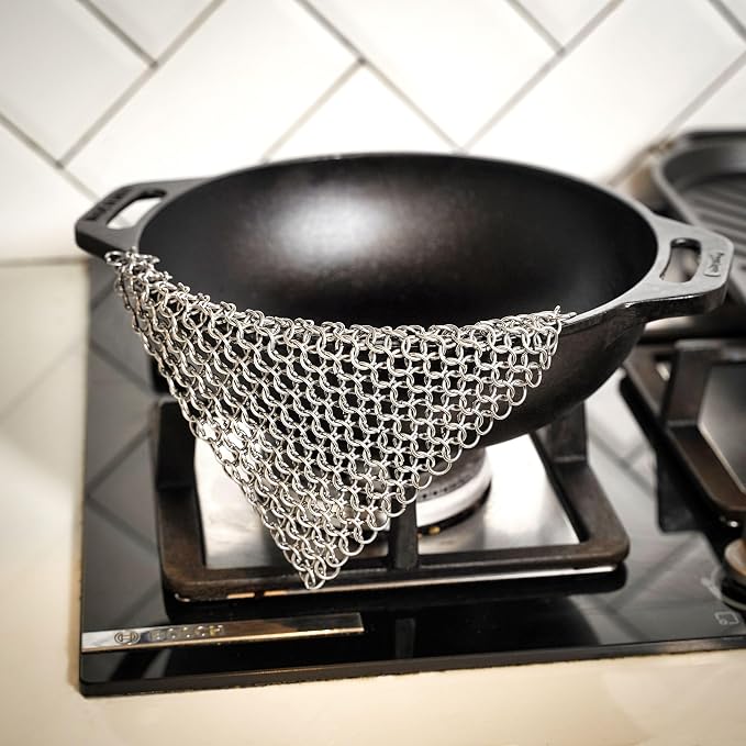 Chainmail Scrubber Cleaner 7.8" x 7.8" Premium 316L Stainless Steel Scrubber for Cast iron Pots,Pan, BBQ Grill, Wok and All Kitchenware Items - Stainless Steel
