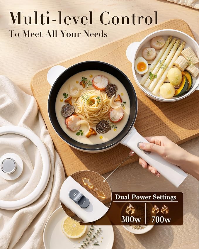 Dezin 2L Hot Pot Electric, Non-Stick Electric Pan, 700W Adjustable Power | Electric Pot for Cooking/Steak/Egg/Fried Rice/Ramen/Soup, Portable Pot for Dorm/RV/Family/Travel/Camping, Include Spatula