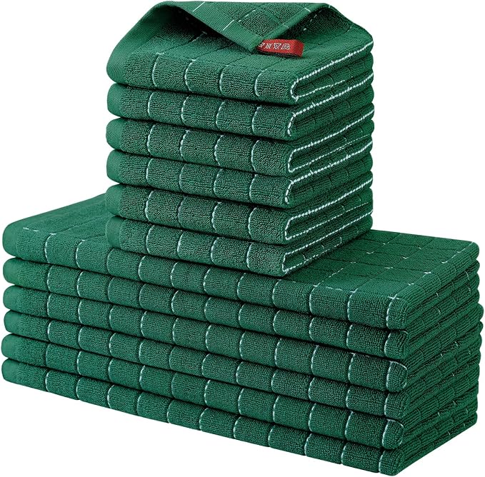 Homaxy Kitchen Towels and Dishcloths Set, Set of 12, Dark Green | Bulk Cotton Terry Kitchen Towels, Checkered Designed, Soft and Super Absorbent Dish Towels, 12 x 12 and 13 x 28 Inches