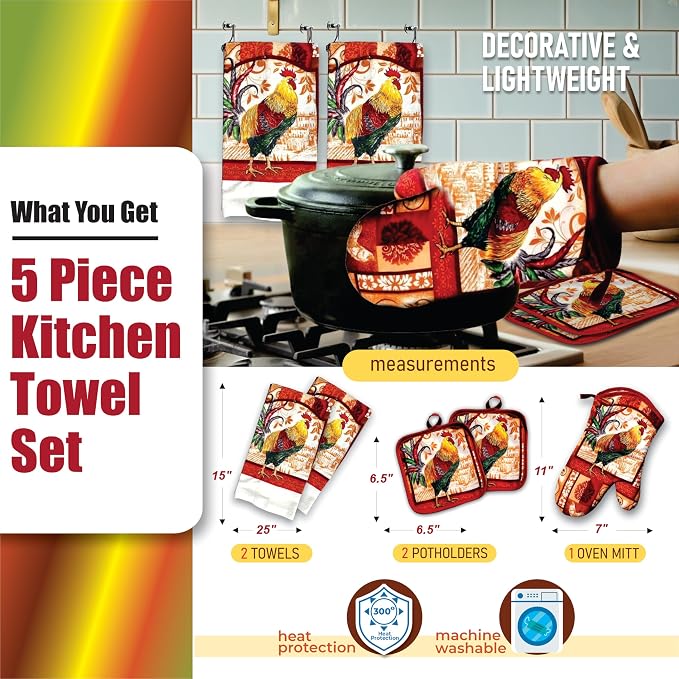 Rustic Rooster Kitchen Set – 5 Piece Set | Kitchen Towel Set with 2 Decorative Dish Towels (25 X15), 1 Oven Mitt (11 X 7) and 2 Potholders (6.5 X 6.5)