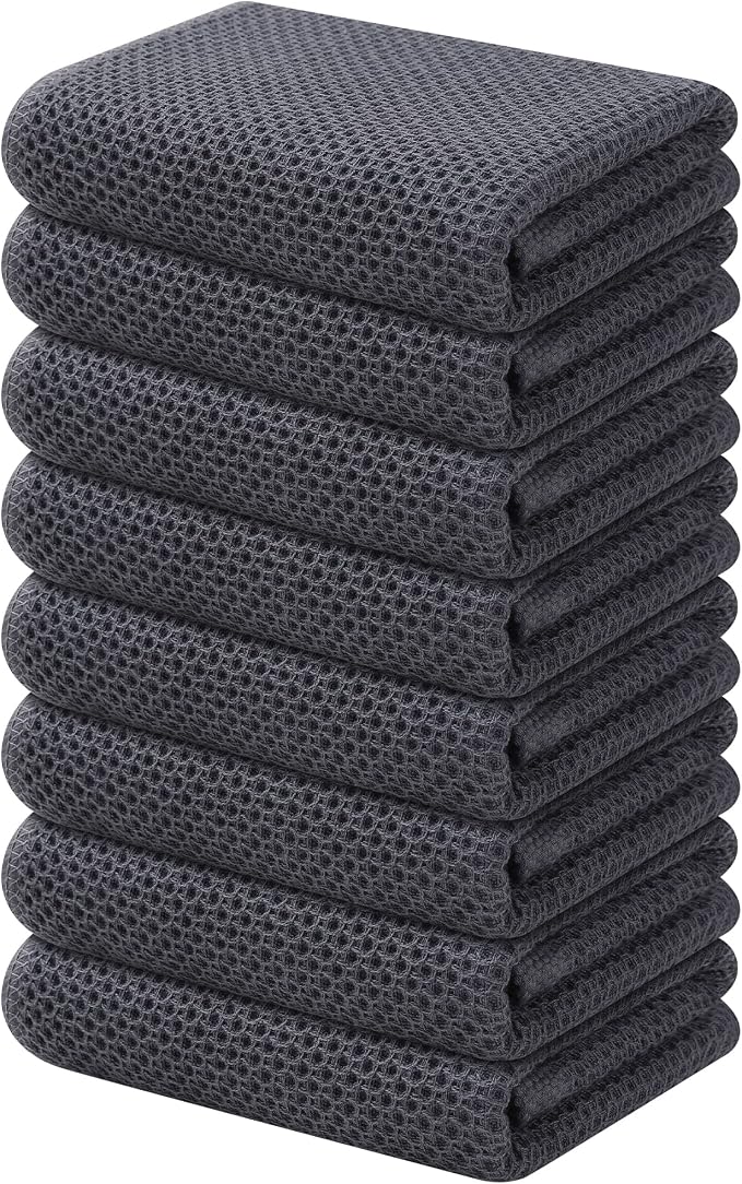Kitinjoy 100% Cotton Waffle 8-Pack Kitchen Towels, 13" x 28", Dark Grey | Super Soft, Ultra-Absorbent, Fast Drying, lightweight, Quick Drying Kitchen Hand Towels