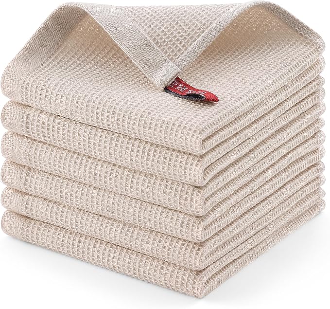 Homaxy 100% Cotton Waffle Weave Dish Cloths, 6 Pack, Beige | Soft and Absorbent Dish Towels, 12 x 12 Inches Quick Dry Dish Rags