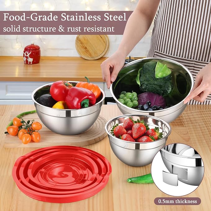 LIANYU Stainless Steel Mixing Bowls with Lid, Kitchen Baking Bowl Set of 3 | Metal Nesting Bowl for Easy Storage, Dishwasher Safe, 1.5QT & 3QT & 4.6QT, Red