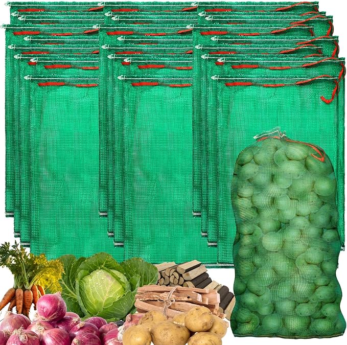 SATINIOR 60 Pcs Large Mesh Storage Produce Bags 21'' x 32'' Mesh Onion Bags 50 Lbs Reusable Vegetable Storage with Drawstring Potato Sacks for Onion Potato Citrus Fruit Produce Firewood (Green)