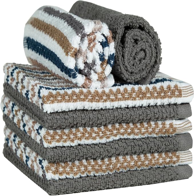 Bumble Dish Cloths 8-Pack, Cotton Kitchen Towels, 12"x12" Grey Wide Stripes | 430 GSM Soft Dish Towels for Kitchen, Highly Absorbent & Durable Kitchen Rags for Washing Dishes