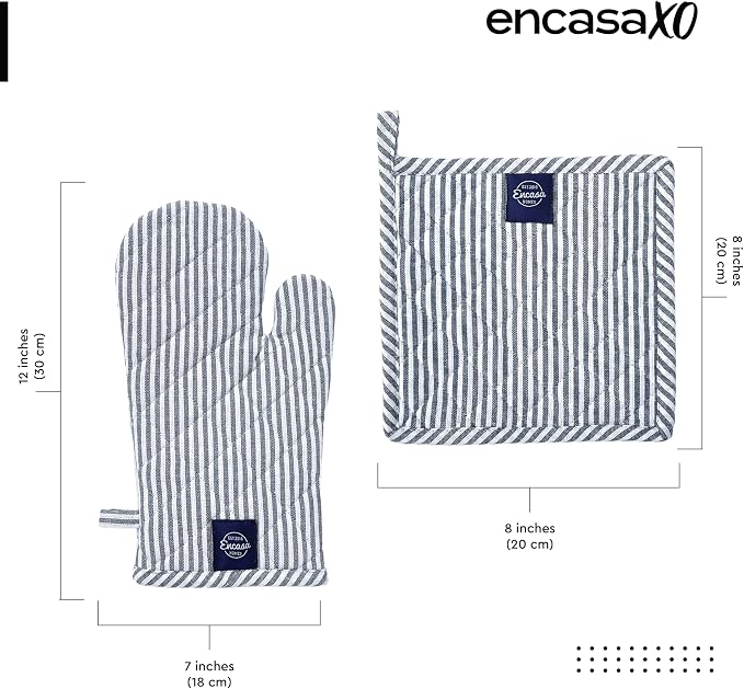Encasa XO Oven Mitts and Pot Holders Set, Heat Resistant Cotton | Ticking Navy Blue, Diamond Quilted | Non-Slip Grip | Microwave & Oven Safe | Hanging Loop | Machine Washable | Set of 2