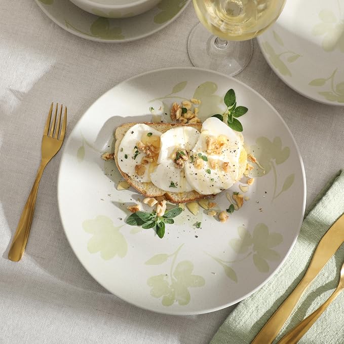 Gibson Home Admiral Hall Plates and Bowls Set, 16-Piece Floral Dinnerware Set, Green Stoneware Dish Set, Dinner Plates, Salad Plates, Pasta Bowls & Cereal Bowls