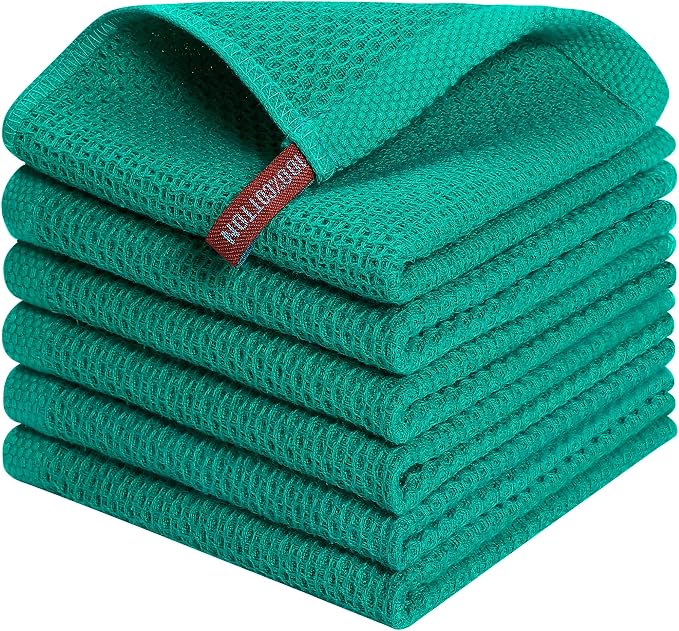 Kitinjoy 100% Cotton Waffle 6-Pack Kitchen Towels, 12" x 12", Teal | Ultra Absorbent, Super Soft, lightweight, Quick Drying Dish Rags for Washing Dishes
