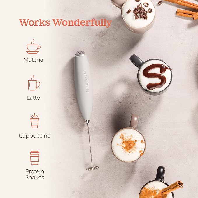 Powerful Handheld Milk Frother, Mini Milk Foamer, Battery Operated Stainless Steel Drink Mixer with Frother Stand