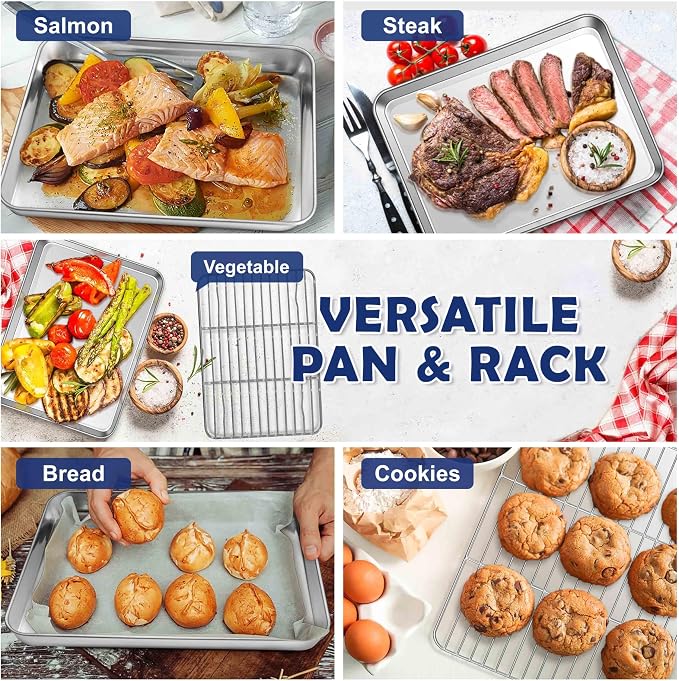 16” Baking Sheet Pan with Rack, Joyfair Stainless Steel Toaster Oven Tray | Bakeware Cookie Pan & Cooling Rack for kitchen bake Jelly Roll/Bacon/Meat, Commercial Metal & Rust-free, Dishwasher Safe