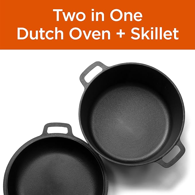 Commercial Chef 2-in-1 5-Qt. Dutch Oven, 10.25-Inch Skillet Lid, CHFL508 | Pre-Seasoned Cast Iron, Works on All Cooktops Including Induction, Outdoor Cookware for Campfires or Grills