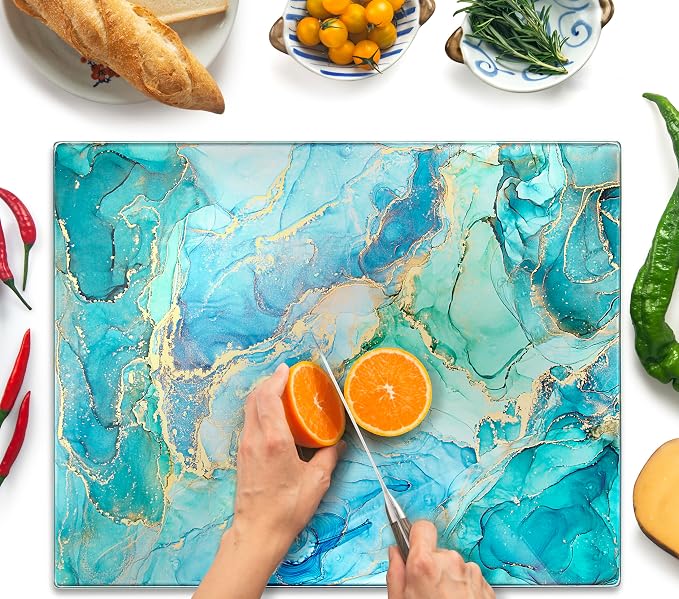 Glass Cutting Board 20”x16”: Tempered Glass Kitchen Counter Protector - Durable- Scratch-Resistant, Heat-Proof - Design 9 - Teal Ocean