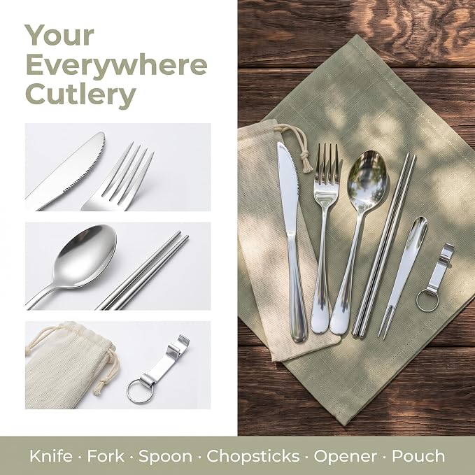 6 Pcs Portable Utensils Set Case Stainless Steel Travel Cutlery Flatware | Portable Cutlery Set, Fork Knife Spoon Chopsticks Silverware for Lunch Box Travel Camping Picnic, Dishwasher Safe Easy Clean