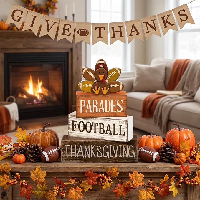 Lineshading 4 Pcs Thanksgiving Football Block Signs Wooden Farmhouse Decor | Rustic Turkey Design, Tiered Tray Decor, Tabletop Centerpiece, Seasonal Display, Gift for Fall Football Gatherings