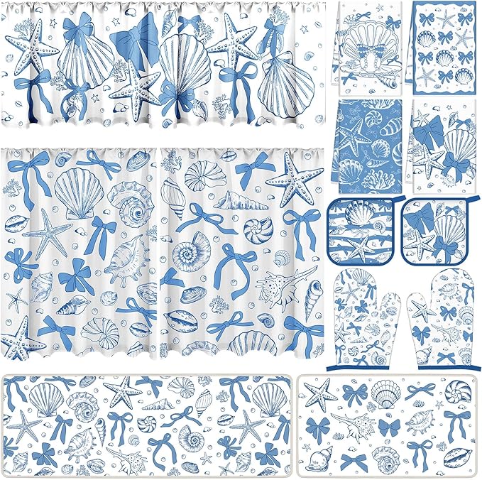 13 Pcs Beach Kitchen Decor Set 3 Seashell Kitchen Curtains Valance 2 Blue Bow Rugs and Mats 4 Coastal Hand Towels 2 Pot Holders 2 Oven Mitts for Summer Home Decor Cooking Grilling Housewarming Gift