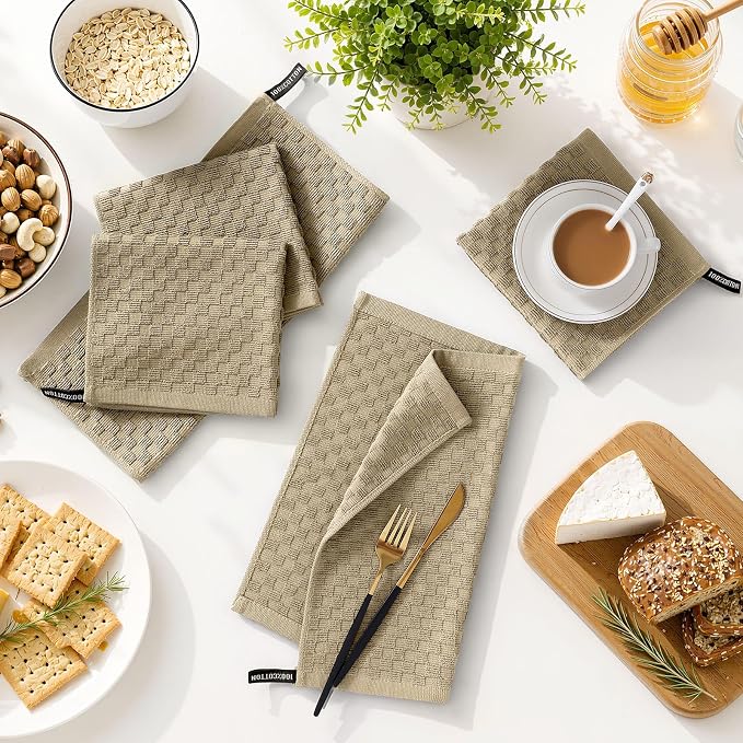 Homaxy 100% Cotton Terry Dish Cloths, 12"x12", 12-Pack, Tan | Ultra Soft Absorbent Dish Towels with Hanging Loop, Pineapple Grid Designed