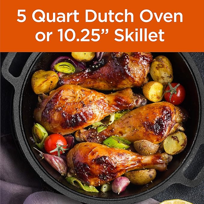 Commercial Chef 2-in-1 5-Qt. Dutch Oven, 10.25-Inch Skillet Lid, CHFL508 | Pre-Seasoned Cast Iron, Works on All Cooktops Including Induction, Outdoor Cookware for Campfires or Grills