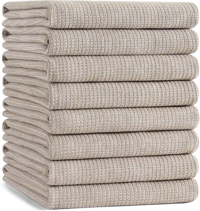 Mordimy Premium Large Cotton Kitchen Towels (18"x 28", 8 Pack), Khaki | 100% Ring Spun Cotton, Super Absorbent, 380 GSM, Flat & Terry, Soft, Hanging Loop Dish Towels