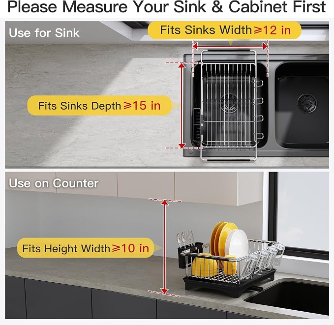 JASIWAY in Sink Dish Drying Rack with Drainboard and Utensil Holder | Use Over the Sink or Counter, Stainless Steel Expandable Dish Drainer for Small Kitchen, Space Saving, Fast Drain, Rustproof