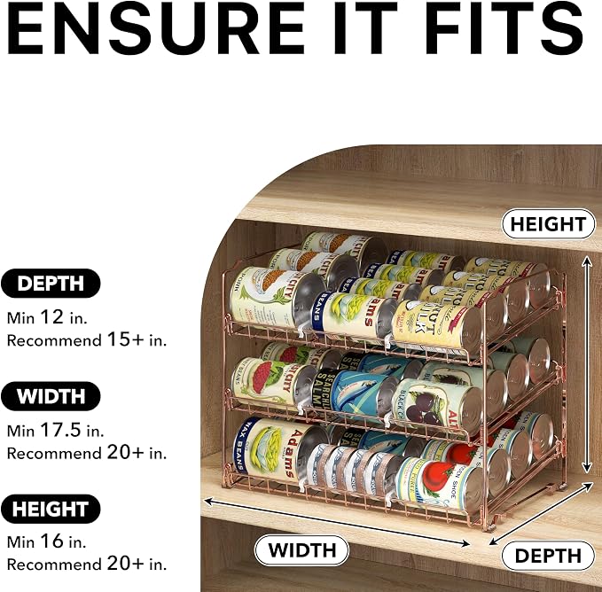 Simple Houseware 3-Tier Stackable Can Organizer Rack 36 Cans, Rose Gold | Can Food Storage Dispenser for Pantry/Cabinet, Adjustable Dividers – 11.5" D x 17" W x 13.75" H