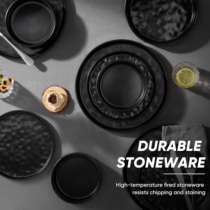 E-far Black Plates and Bowls Sets, 16-Piece Stoneware Dinnerware Set for 4 | Modern Ripple Design Dishes Set for Kitchen Dining, Chip & Scratch Resistant, Microwave & Dishwasher Safe, Matte Black