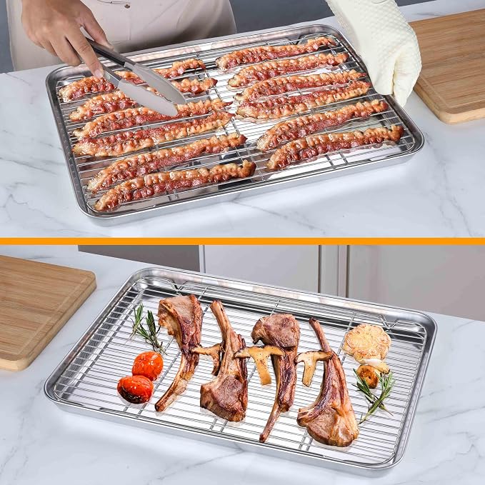 Homikit Large Baking Sheet with Wire Cooling Rack Set (2 Pans+2 Racks) | 20x14 Inch XL Stainless Steel Cookie Sheets & Cooling Racks, Big Metal Bacon Crisp Trays Non Toxic, Oven & Dishwasher Safe