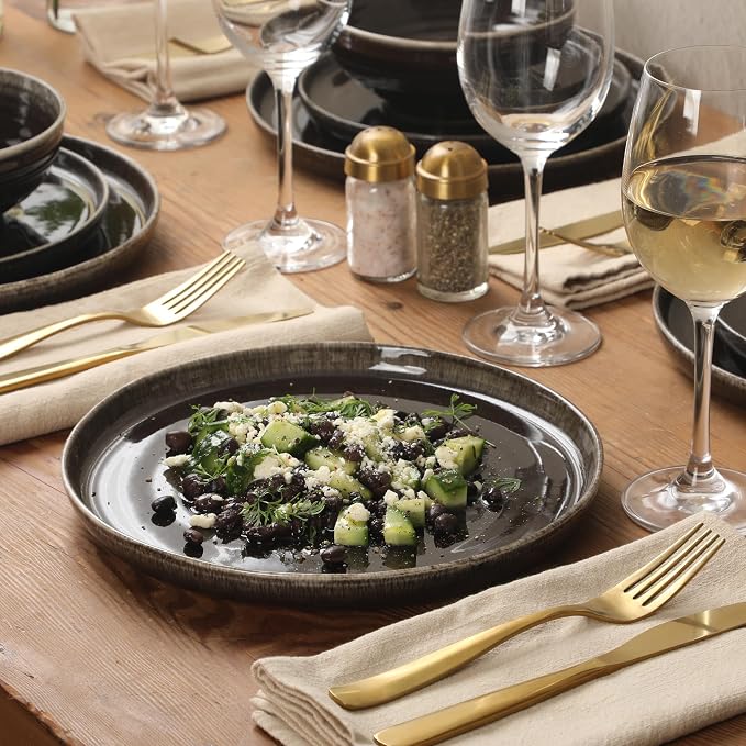 Gibson Elite Eclipse Swirls Plates and Bowls Sets, 12-Piece Stoneware Dinnerware Sets, Reactive Glaze Dish Set - Black