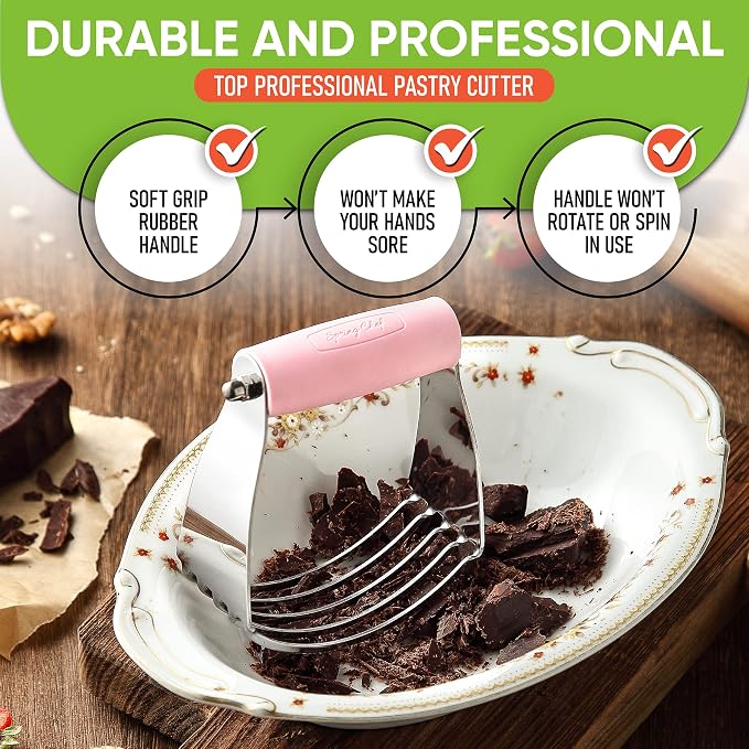 Spring Chef Medium Dough Blender Hand Tool - Pastry Cutter - Pink Lemonade | Heavy Duty Dough Mixer w/ Stainless Steel Blades, Professional Pastry Blender for Easy Mixing, Dishwasher Safe