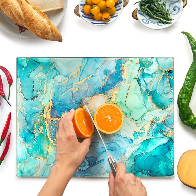 Glass Cutting Board 16"x12": Tempered Glass Kitchen Counter Protector - Durable- Scratch-Resistant, Heat-Proof - Design 9 - Teal Ocean