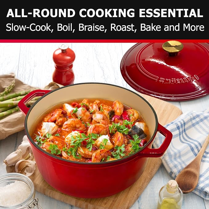 Mueller 6QT Enameled Cast Iron Dutch Oven with Lid, Heavy-Duty | Casserole & Braiser Pan, Sourdough Bread Baking, PFOA-Free, Oven Safe to 500°F, All Cooktops incl. Induction, Red