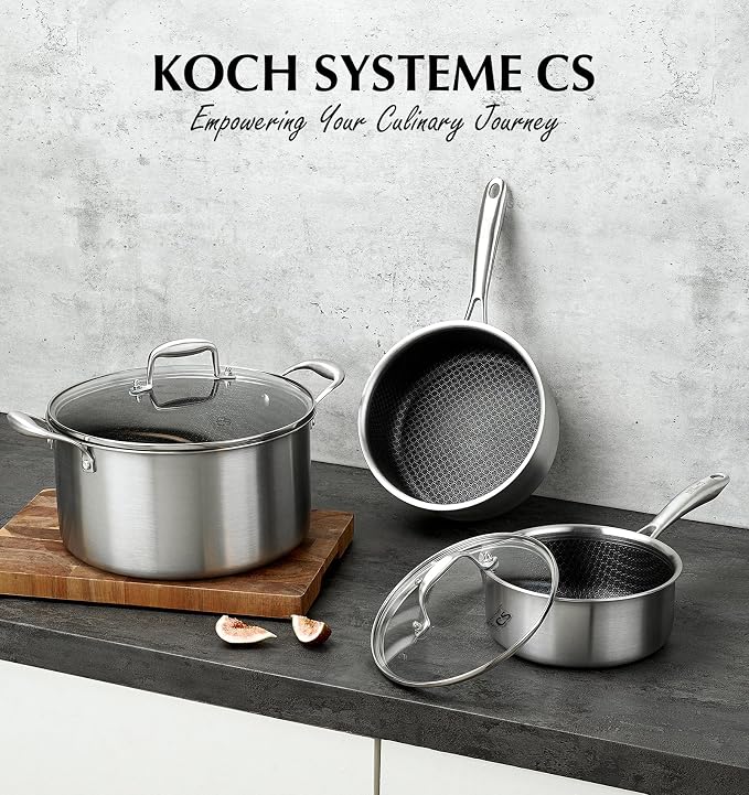 KOCH SYSTEME CS Stainless Steel Saucepan Set 6 Piece, 2QT+3QT+8QT Hybrid Nonstick Stainless Steel Pots Set, Triply Stainless Steel Pots, PFOA Free, Pot Sets Induction Compatible