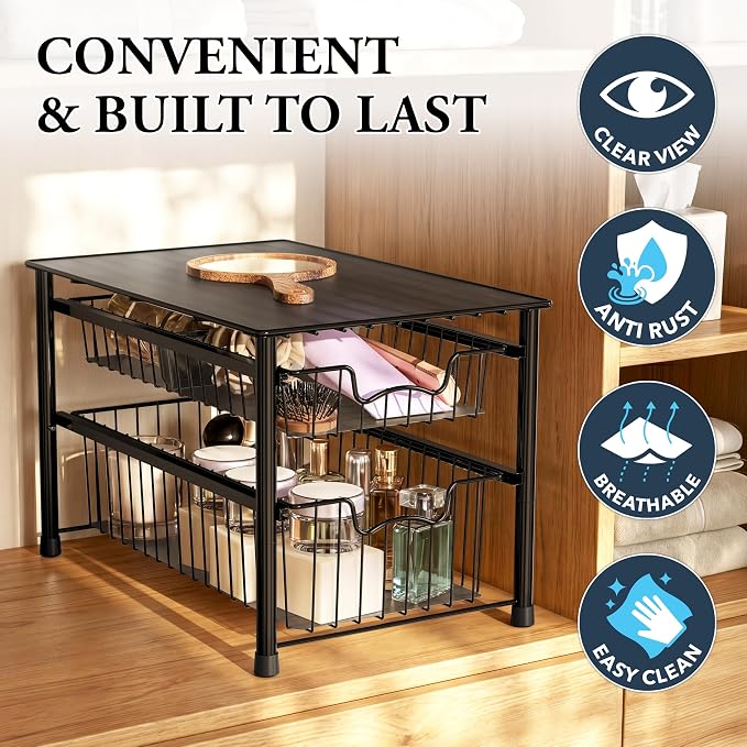 Simple Houseware Stackable Sliding Basket Organizer Drawer, Black, 2-Tier
