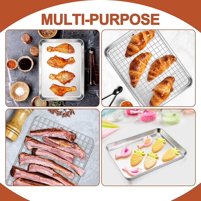E-far Baking Sheet with Wire Rack Set, 10.5" x 8.3" (1 Pan +1 Cooling Rack) | Stainless Steel Sheet Pan with Rack Set for Toaster Oven, Small Metal Tray for Cooking Roasting, Non-Toxic, Dishwasher Safe