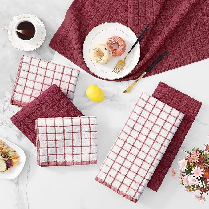 Homaxy Large Premium Cotton Kitchen Towels 16"x 28", 6 Pack, Red | Natural Ring Spun 390 GSM Dish Towels, Super Absorbent Terry Kitchen Hand Towels, Soft Tea Towels with Hanging Loop