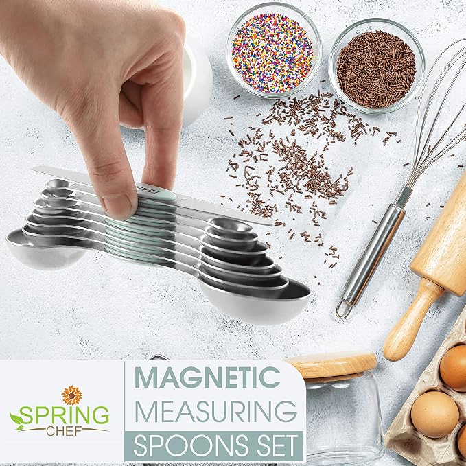 Spring Chef Stainless Steel 8 Magnetic Measuring Spoons for Kitchen, Mint | Dual Sided Metal Teaspoon & Tablespoon Measuring Spoons with Leveler for Dry & Liquid Ingredients, Nesting, Dishwasher Safe