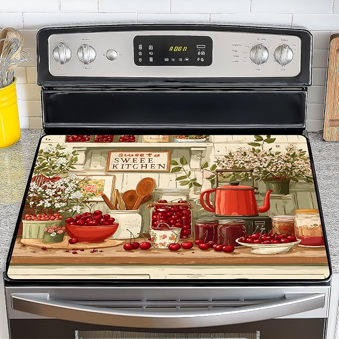 NYZE Stove Top Cover for Electric/Glass Stove, Flat Top Cooktop Protector, Electric Cooktop Cover, Extra Counter Space for Kitchen (Vintage Cherry Jar)
