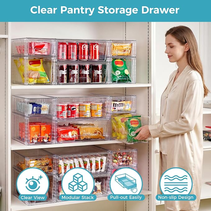 Vtopmart Clear Stackable Storage Drawers, 6 Pack Mixed Size Set | Wide, Medium and Small Pull-Out PET Drawers Provide Flexible Sorting Options for Cabinets, Closets, Pantry