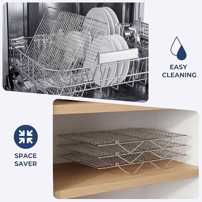 E-far Cooling Rack 15”x10”, 3-Tier Collapsible for Cooking and Baking | Tight-Wire Stainless Steel Cookie Rack for Baking Sheet, Oven, Roasting, Stackable & Space Saving, Dishwasher Safe
