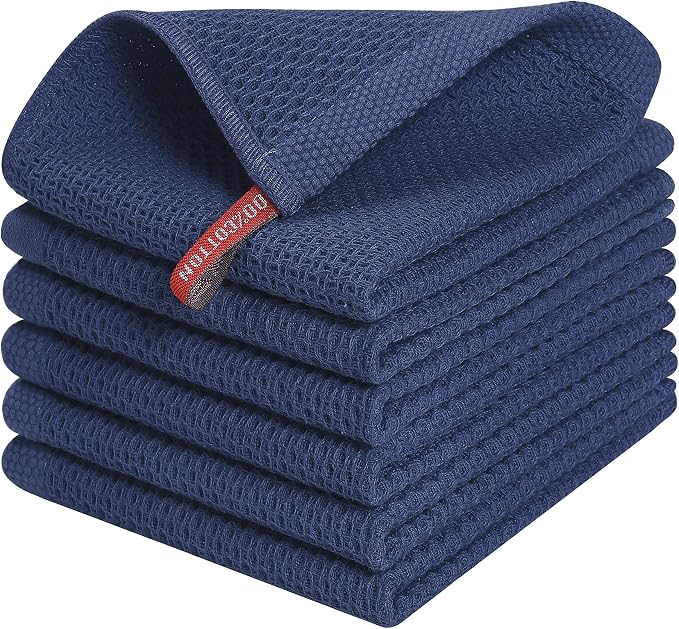 Kitinjoy 100% Cotton Waffle 6-Pack Kitchen Towels, 12" x 12", Navy Blue | Ultra Absorbent, Super Soft, lightweight, Quick Drying Dish Rags for Washing Dishes