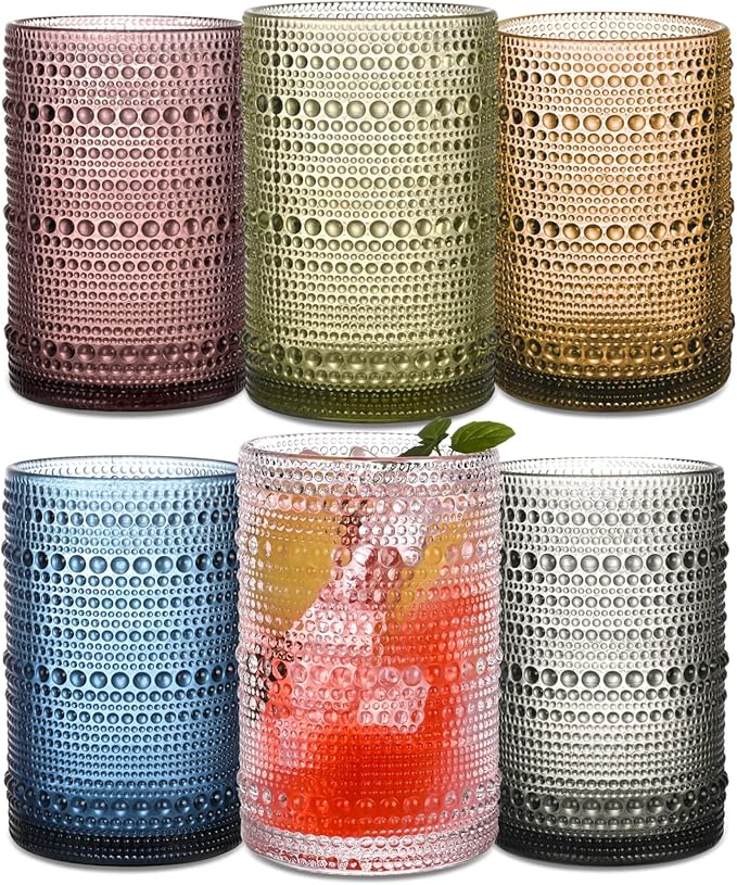 Colored Hobnail Drinking Glasses Set of 6, 15 oz Vintage Highball Glasses, Drinkware Kitchen Glasses for Cocktail, Iced Coffee, Beer, Ice Tea, Wine, Whiskey, Water