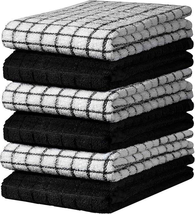 Bumble Kitchen Towels (6-Pack), 16"x28", 100% Cotton Dish Towels - Black | 380 GSM | Soft kitchen hand towels , Highly Absorbent & Durable Dish Towels for kitchen with Hanging Loop