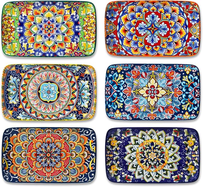 vancasso Simi 6-Piece Rectangular Ceramic Plates Set, 8.5" x 5.1" Small Dessert & Sushi Plates, Bohemian Appetizer Serving Plates, Microwave & Oven Safe Porcelain Plates