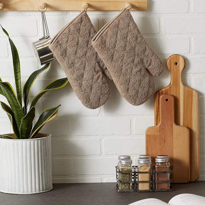 DII Basic Terry Collection 100% Cotton Quilted, Oven Mitt, Stone, 2 Piece
