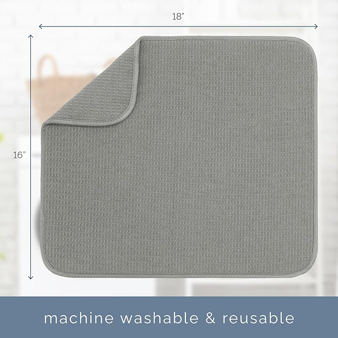 S&T INC. Dish Drying Mat, 16" x 18", Large, Grey | Absorbent Microfiber, Kitchen Counter Mat for Dishes, Utensils, Pots and Pans, Machine Washable