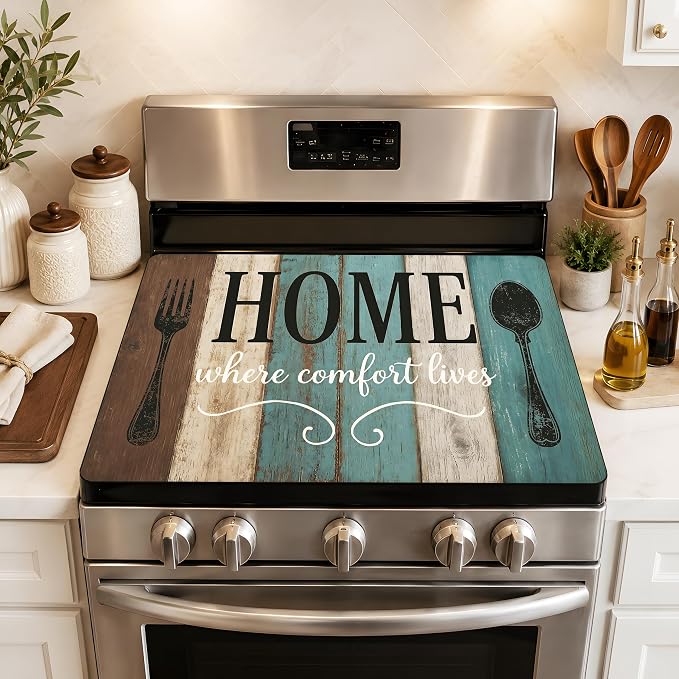 Farmhouse Stove Cover 28.3 x 20.5 Inches, Rustic Kitchen Stove Top Protector, Heat Resistant Non Slip Glass Electric Stove Cover Board, HOME Kitchen Decor Mat (Gray-blue)