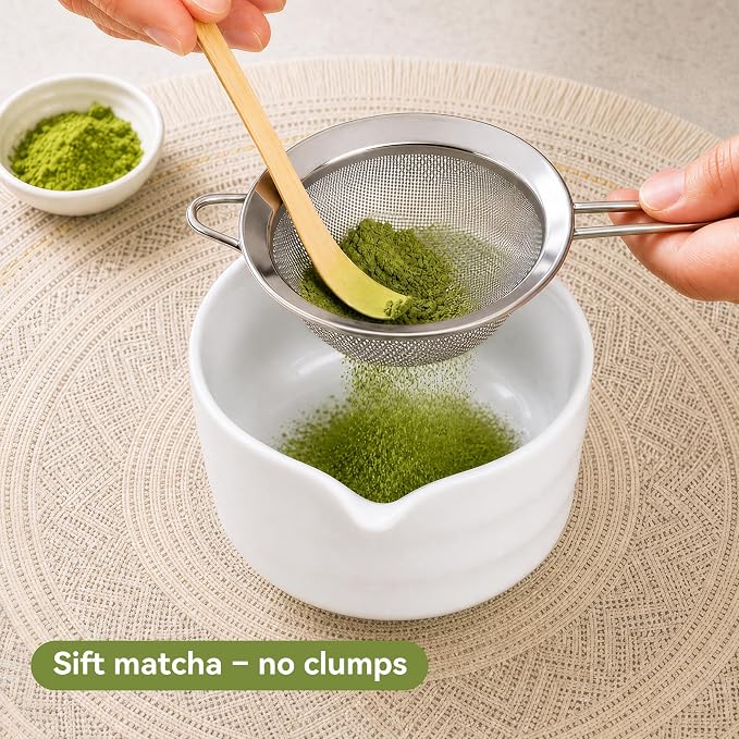 Matcha Whisk Set with Classic White Ceramic Bowl - Complete Matcha Making Kit, Bamboo Whisk (Chasen), Matcha Powder Sifter, Scoop, Whisk Holder, Japanese Tea Ceremony Tools