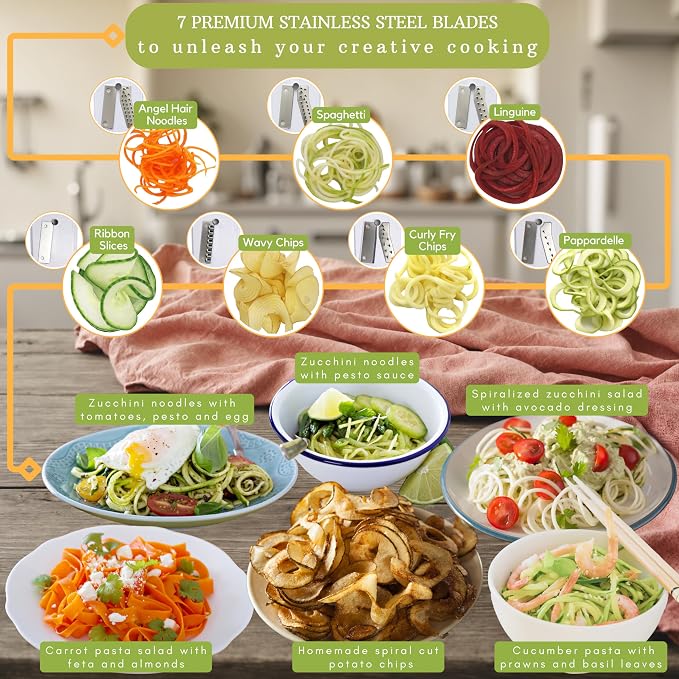 Brieftons 7-Blade Vegetable Spiralizer: Veggie Noodle Maker with Curly Fry & Crinkle Chip Blades, Catch Container, Keep-Fresh Lid, Blade Caddy, 4 eBooks | Low Carb, Vegan, Gluten-Free, Keto, Paleo