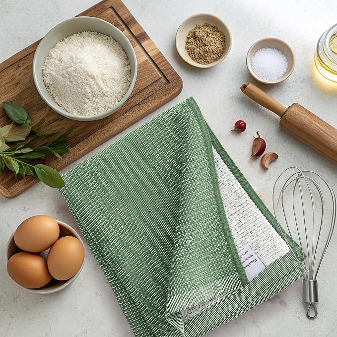 Mordimy Premium Cotton Kitchen Towels (18"x 28", 3 Pack), Grass Green | 100% Ring Spun Cotton, Super Absorbent, 380 GSM, Flat & Terry, Soft, Hanging Loop Dish Towels